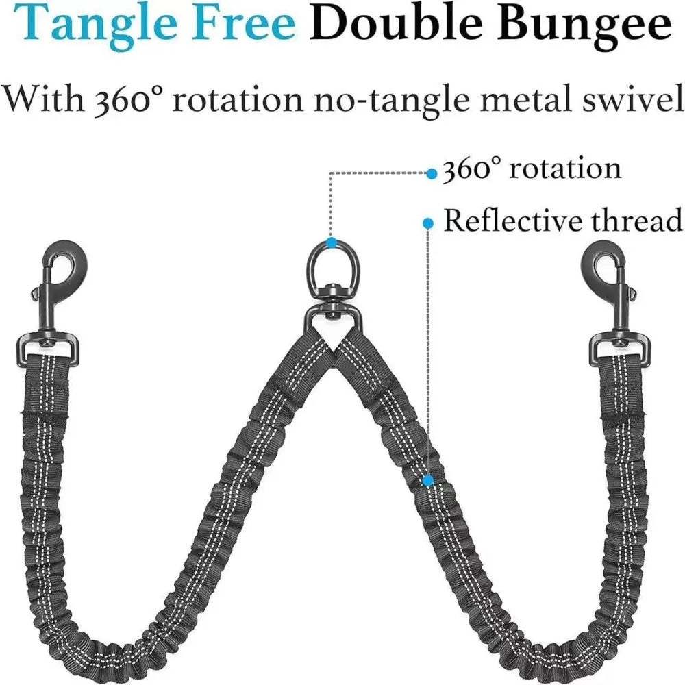 FlexiWalk™ Shock-Absorbing Double Dog Leash – Nylon, Stretchable, Anti-Winding for Comfortable Walks